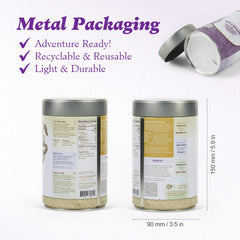 Imlak'esh Organics Sacha Inchi Protein metal jar packaging preserves freshness and is recyclable.