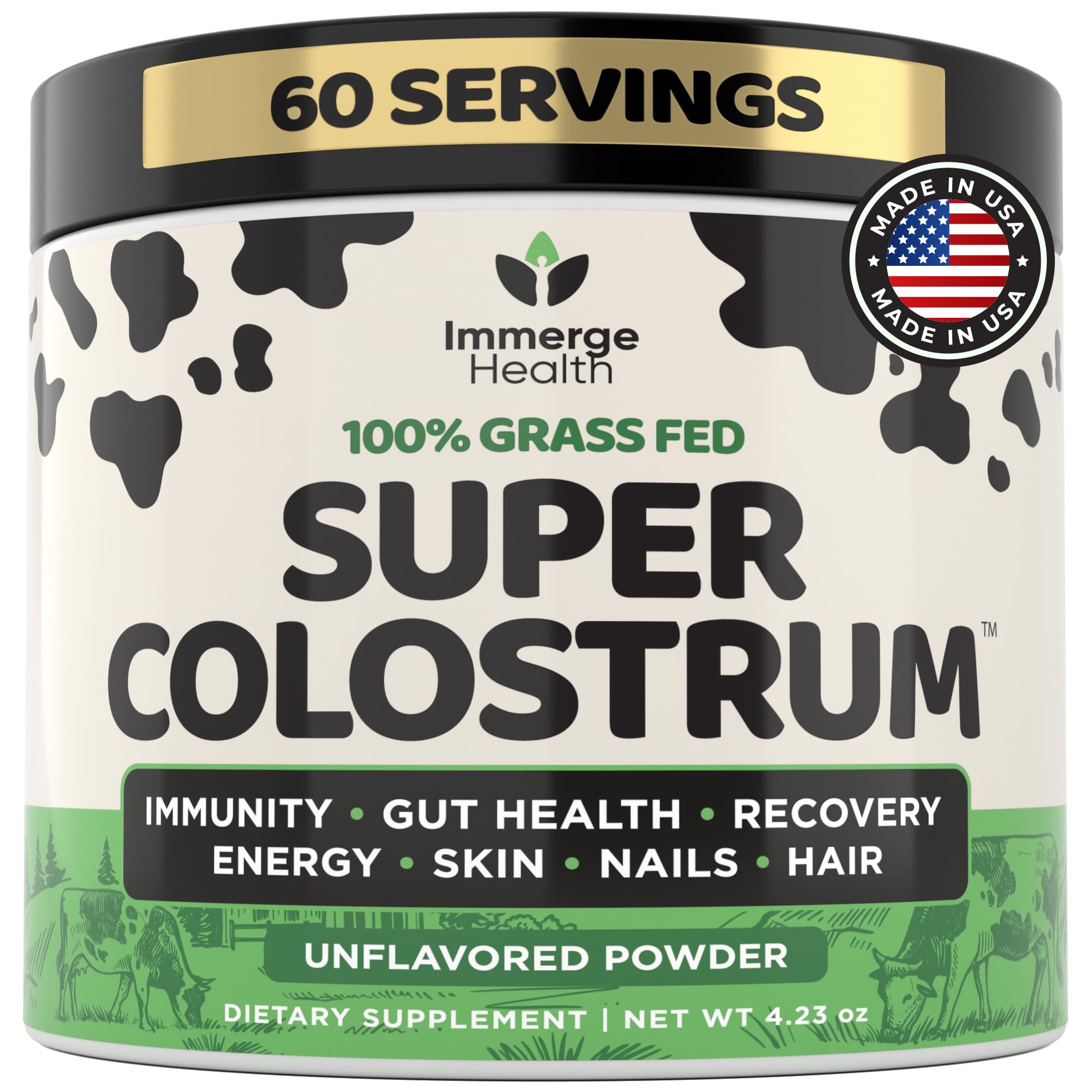 Immerge Health Super Colostrum powder bottle ready for daily gut support.