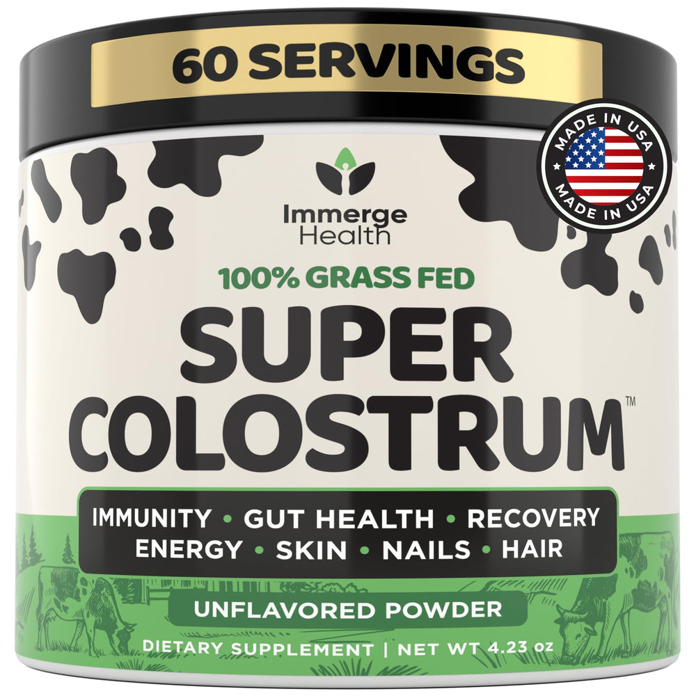 Immerge Health Super Colostrum powder bottle ready for daily gut support.