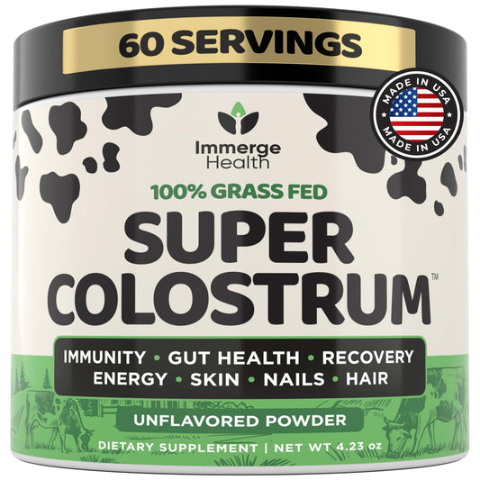 Immerge Health Super Colostrum powder bottle ready for daily gut support.