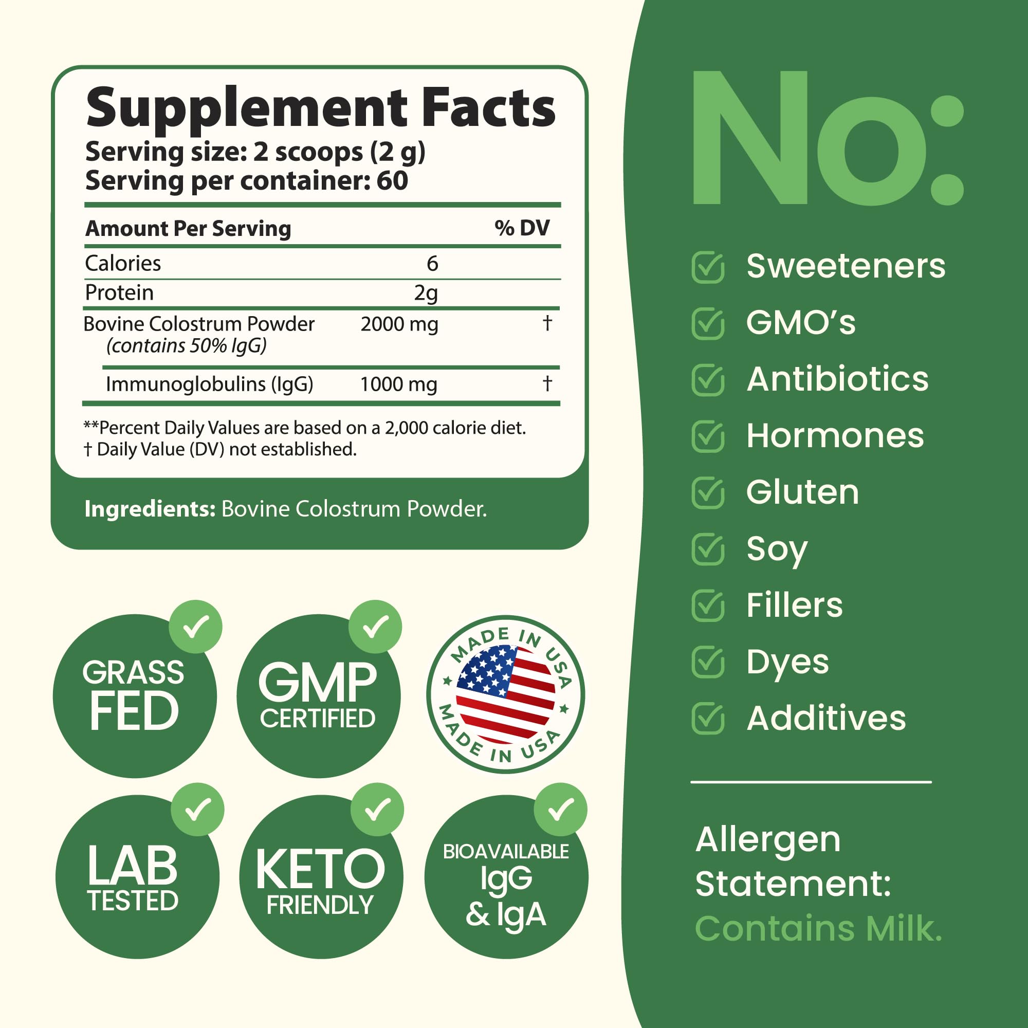 Immerge Health label close-up highlighting First Milking and IgG features.