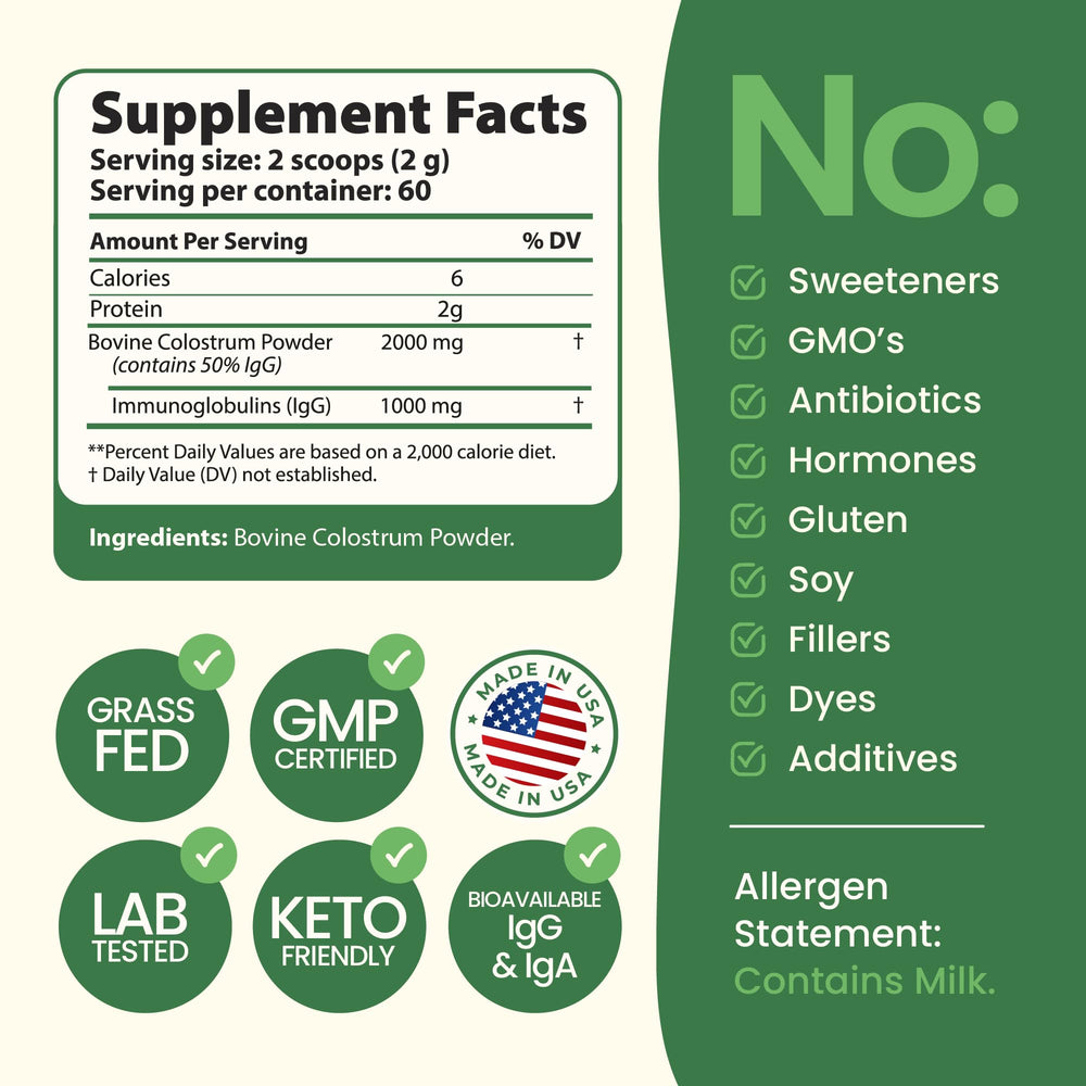 Immerge Health label close-up highlighting First Milking and IgG features.