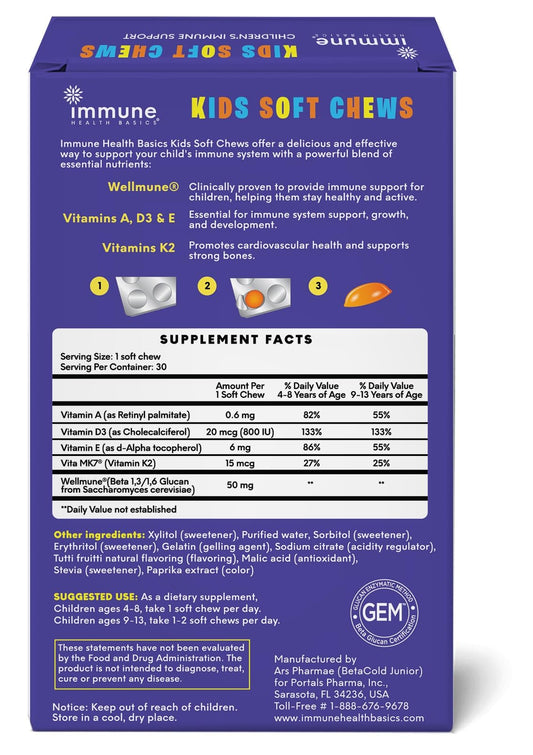 Immune Health Basics Kids Soft Chews tutti-frutti serving highlights kid-friendly flavor.