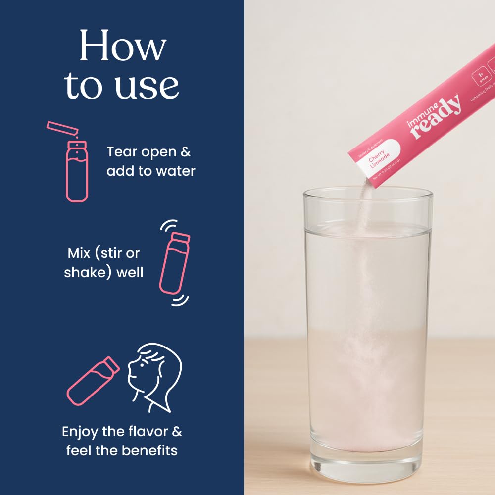 Immune Ready dissolving in water image demonstrates quick mix for on-the-go refreshment