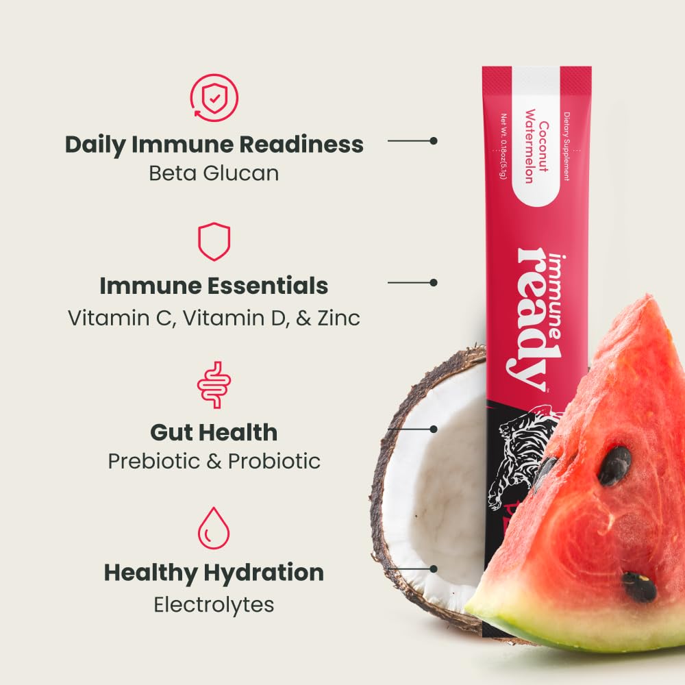 Immune Ready electrolytes packets on a travel-ready setup for on-the-go hydration.