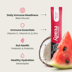 Immune Ready electrolytes packets on a travel-ready setup for on-the-go hydration.