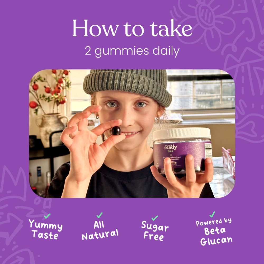 Spoon and berries beside Immune Ready gummies illustrate a sugar-free, kid-friendly format.