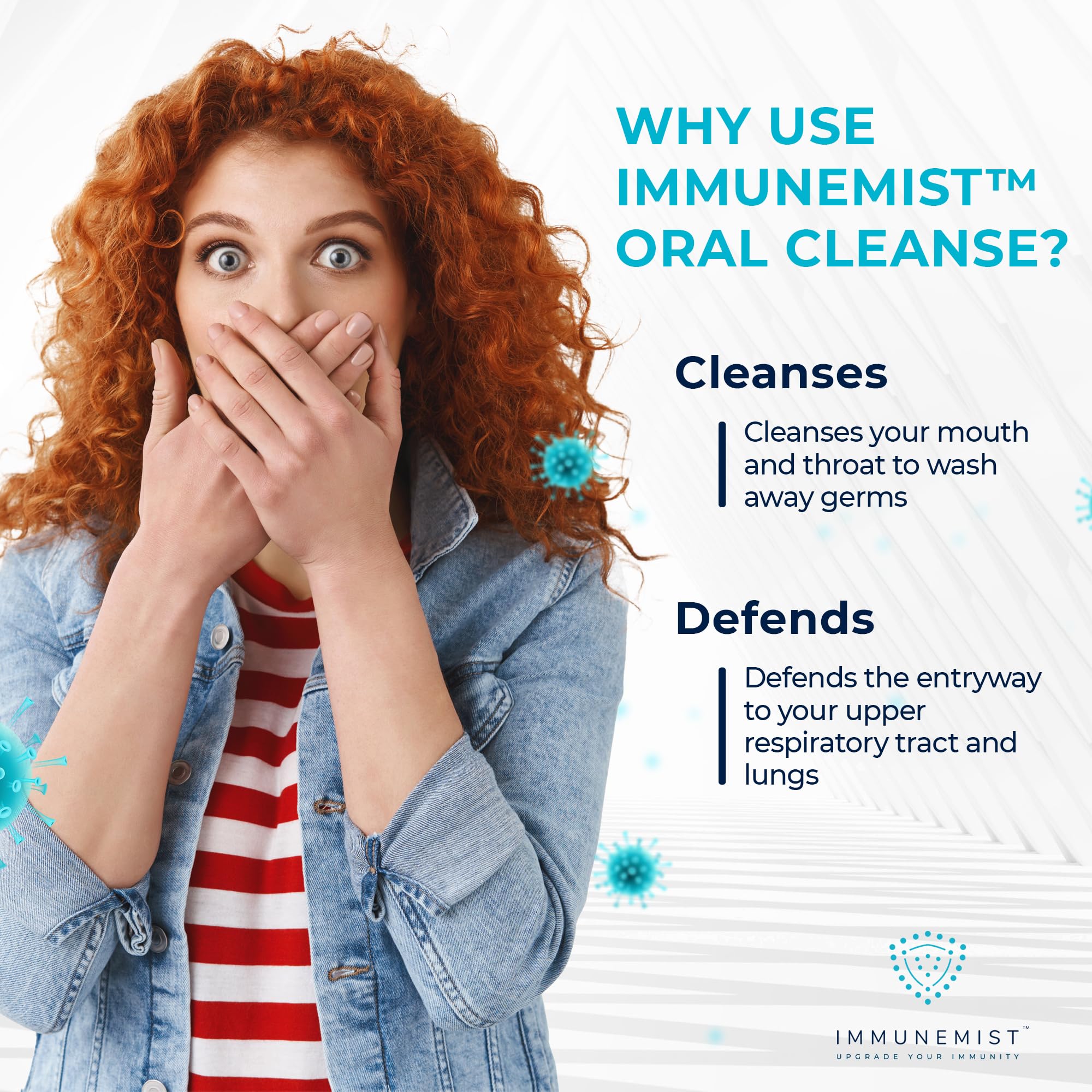 Person using ImmuneMist oral spray for throat cleansing.