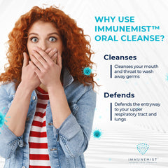 Person using ImmuneMist oral spray for throat cleansing.