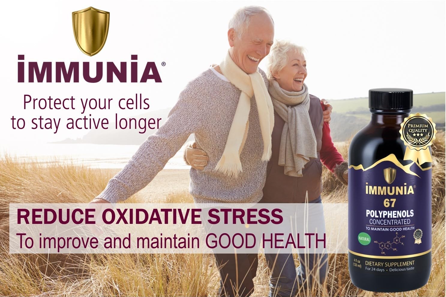 Immunia 67 polyphenols black currant liquid emphasizes a bright, fruity antioxidant blend.