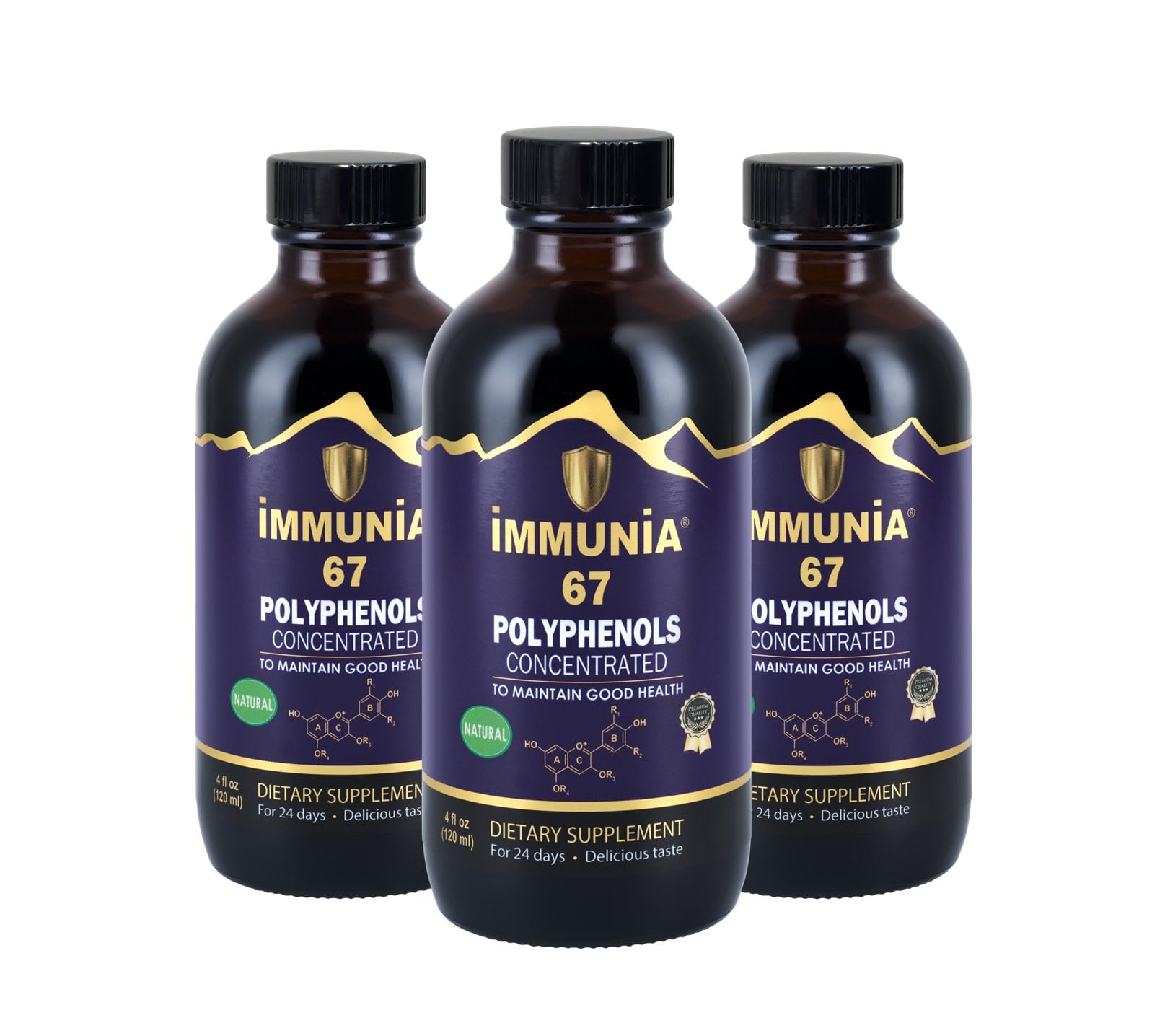 Immunia 67 Polyphenols elderberry bottle shows strong antioxidants for daily wellness.