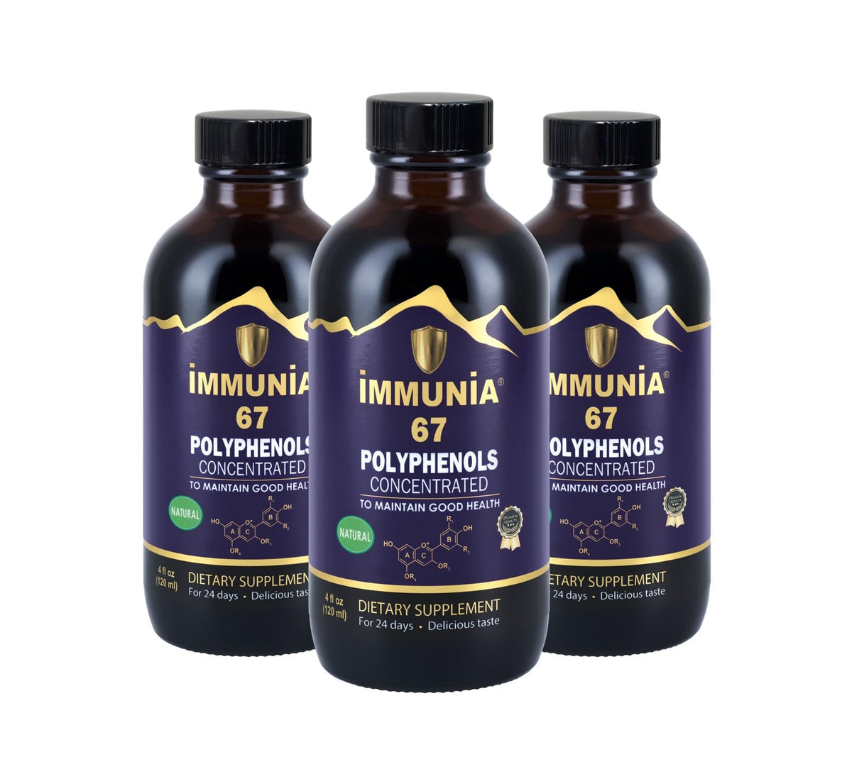 Immunia 67 Polyphenols elderberry bottle shows strong antioxidants for daily wellness.