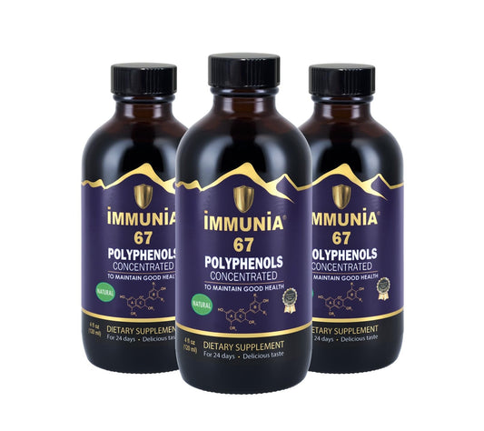Immunia 67 Polyphenols elderberry bottle shows strong antioxidants for daily wellness.