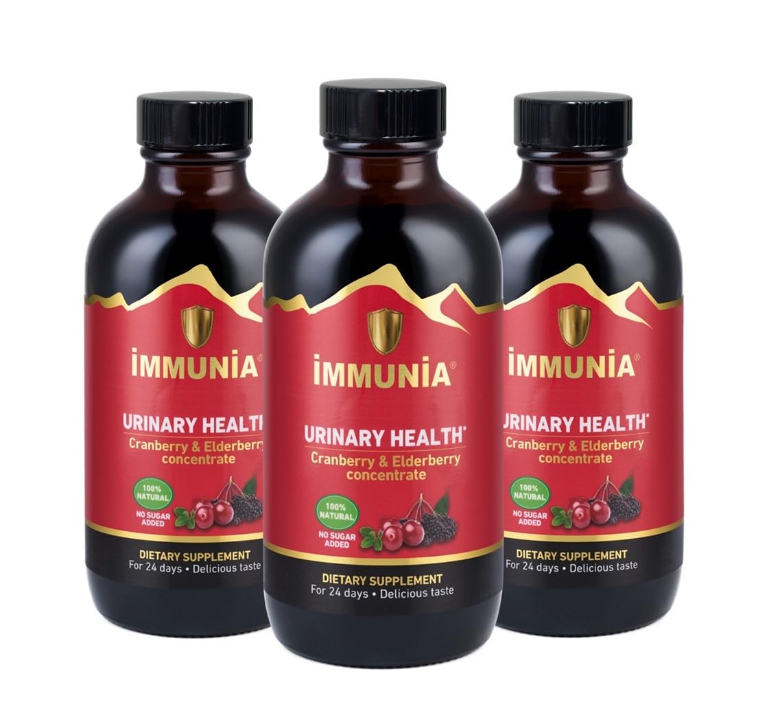 Immunia cranberry-elderberry concentrate bottle close-up showing natural ingredients for daily urinary health support.