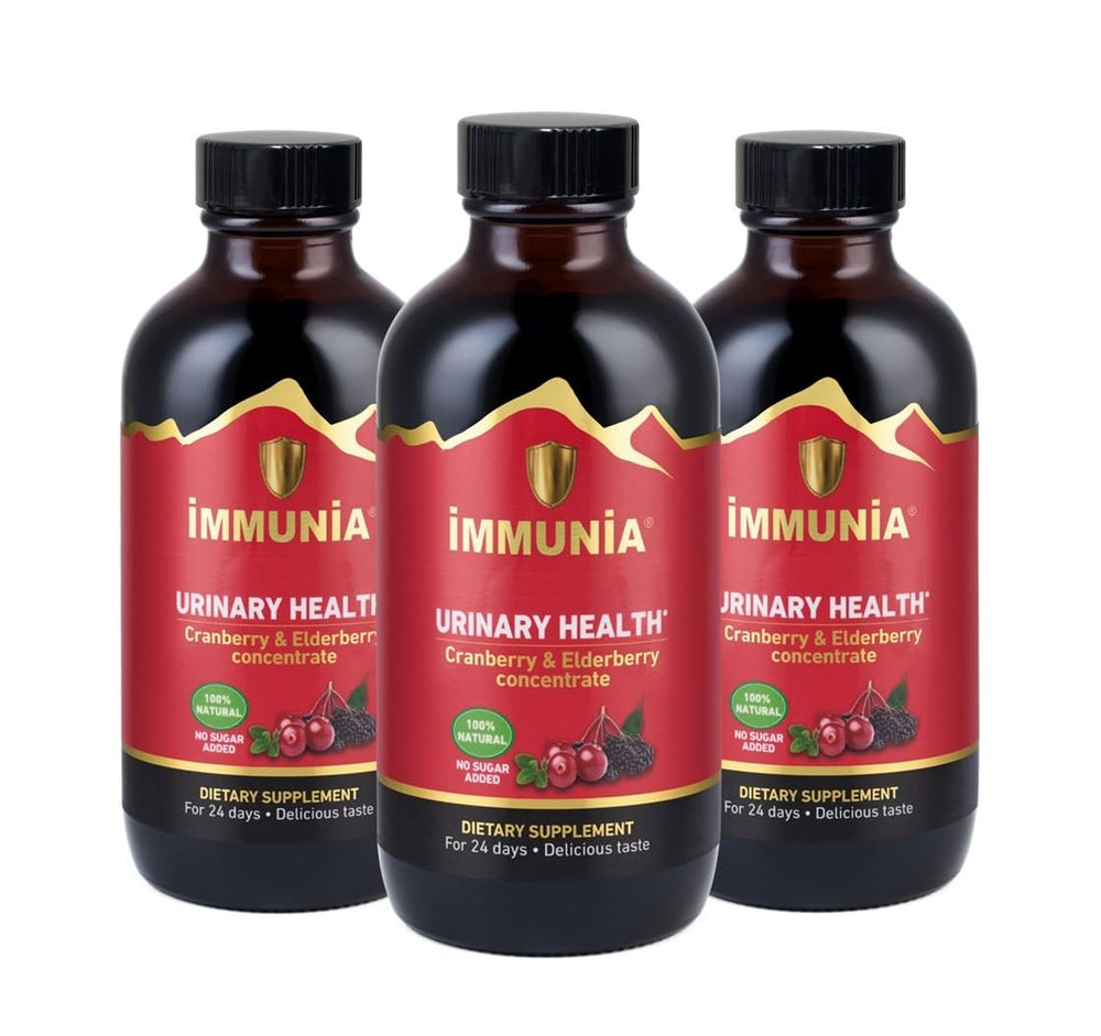 Immunia cranberry-elderberry concentrate bottle close-up showing natural ingredients for daily urinary health support.