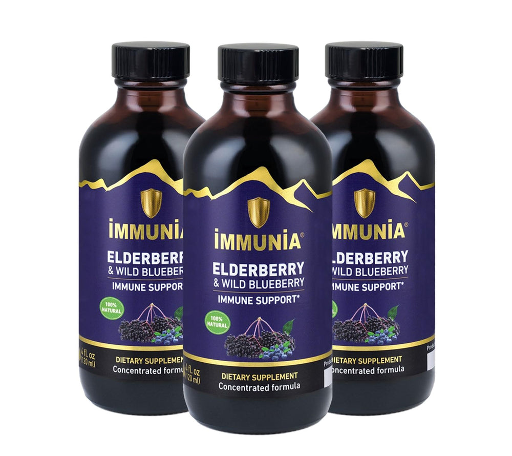 Immunia Elderberry & Wild Blueberry Concentrate bottle on a clean kitchen shelf, supporting daily immune health.