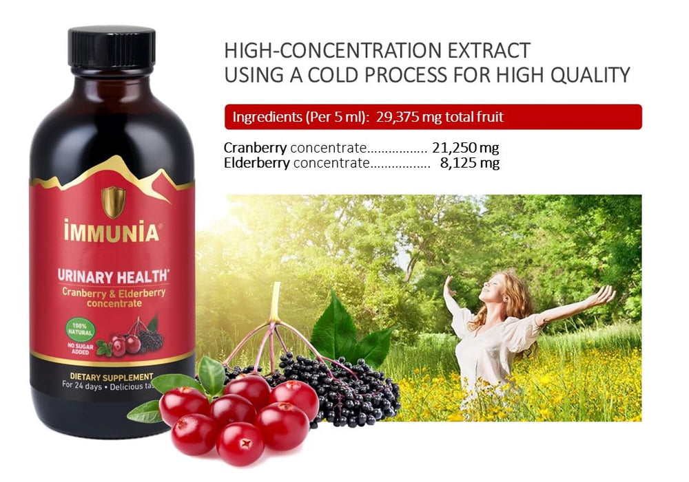 Immunia ingredients cranberry and elderberry concentrate highlighted for antioxidant-rich formula.