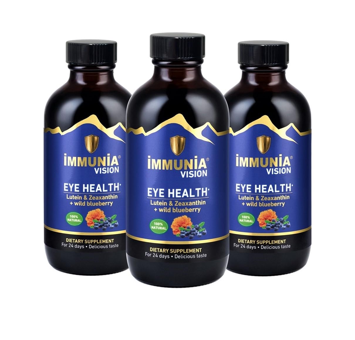 Immunia Vision bottle pouring; convenient daily eye support.