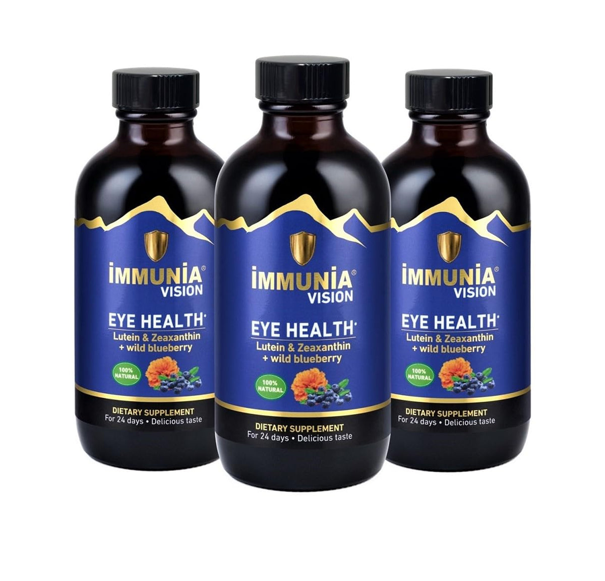 Immunia Vision bottle pouring; convenient daily eye support.