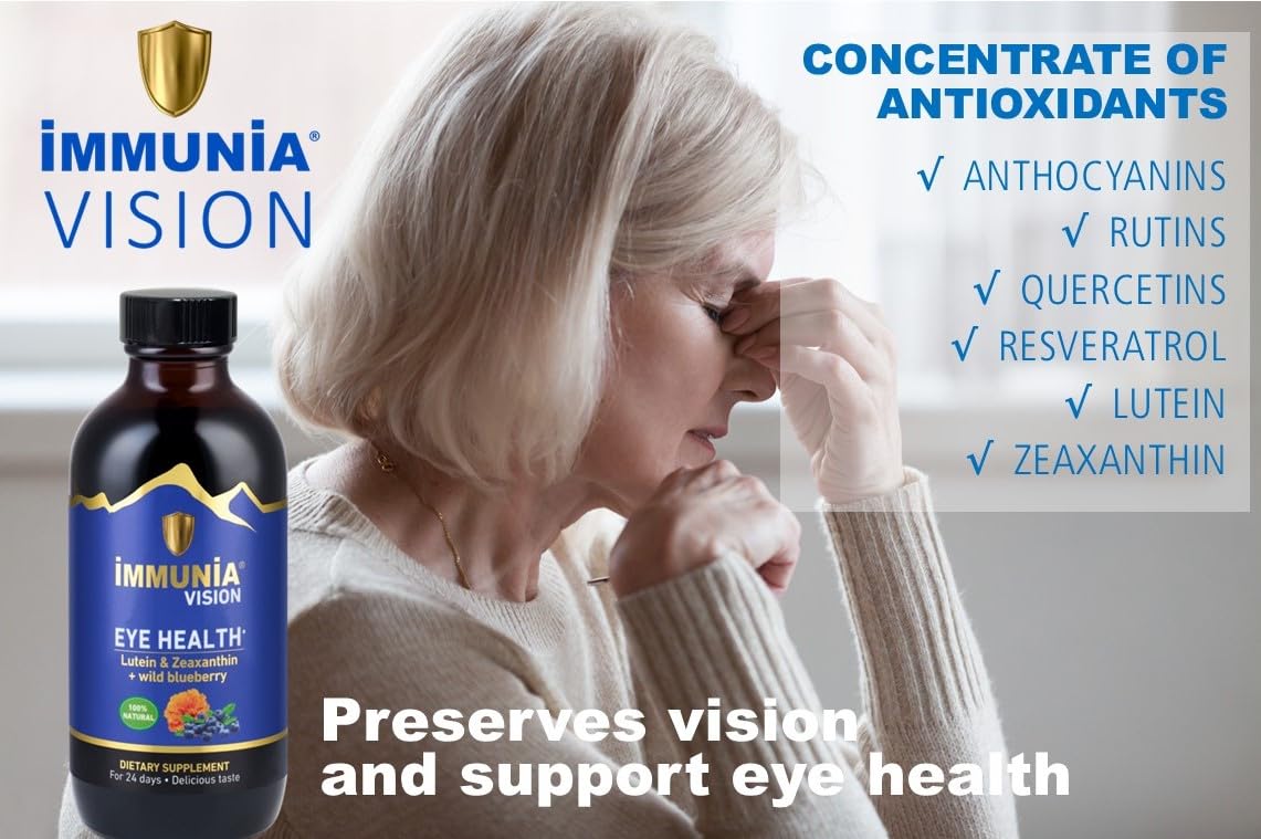 Gluten-free label on Immunia Vision bottle emphasizes allergen-friendly formula.