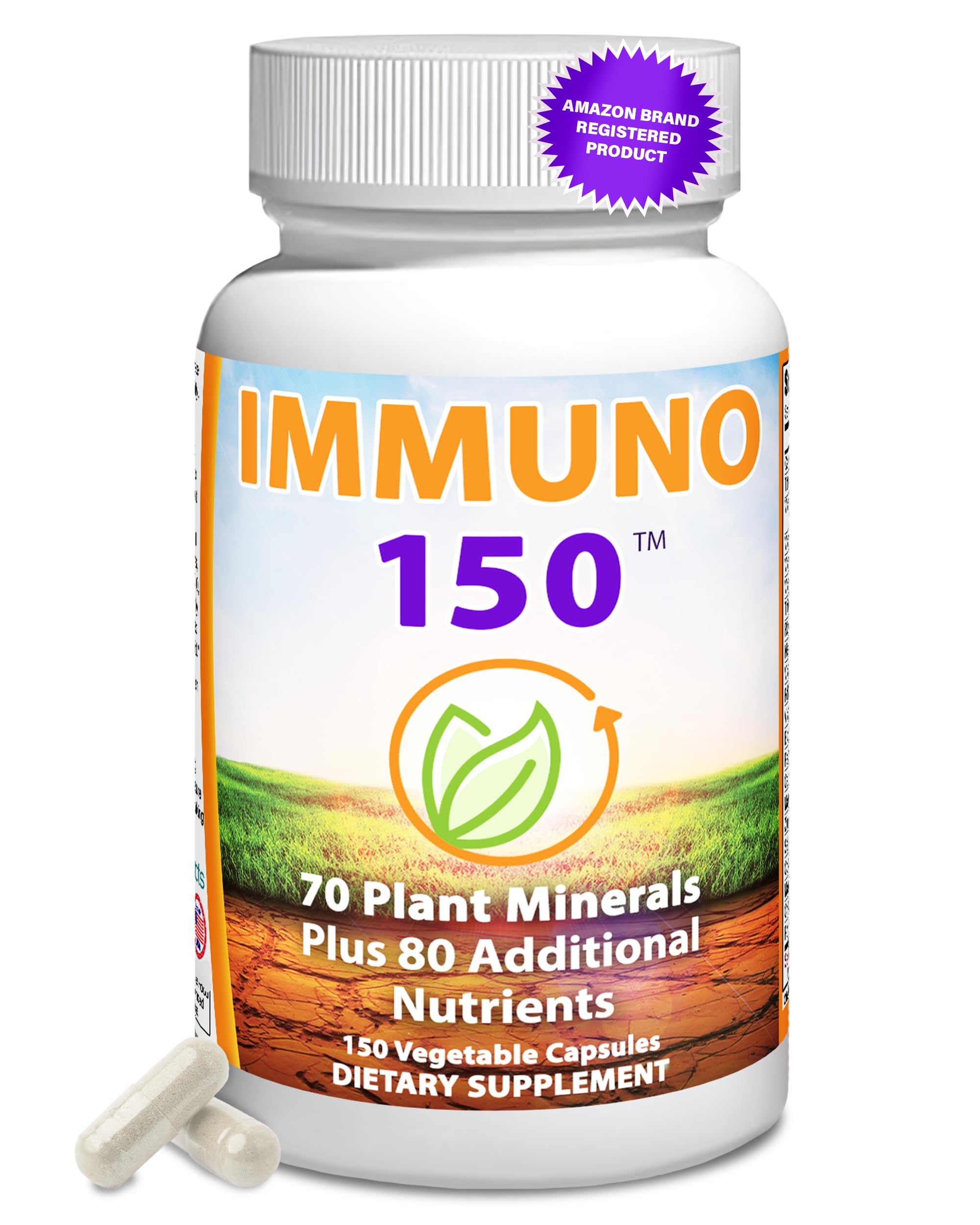 Immuno 150 bottle front label displaying minerals and vitamins for daily immune support.