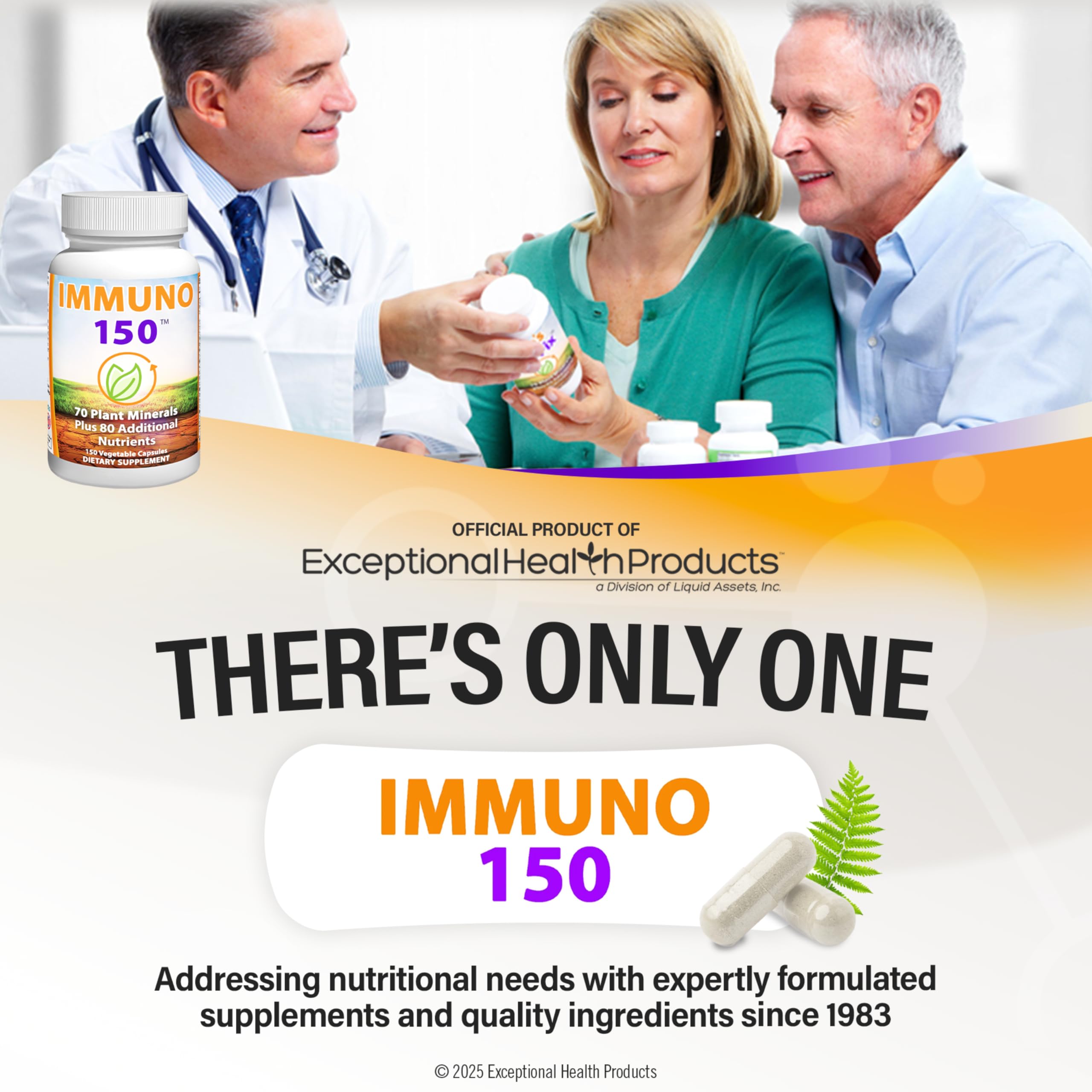 Immuno 150 organic and gluten-free certifications badge visible on bottle.