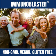 IMMUNO BLASTER non-GMO gluten-free dairy-free label supports allergen awareness.
