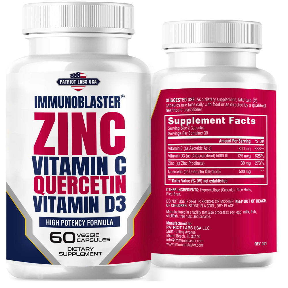 IMMUNO BLASTER zinc quercetin bottle pour indicating potent daily immune support