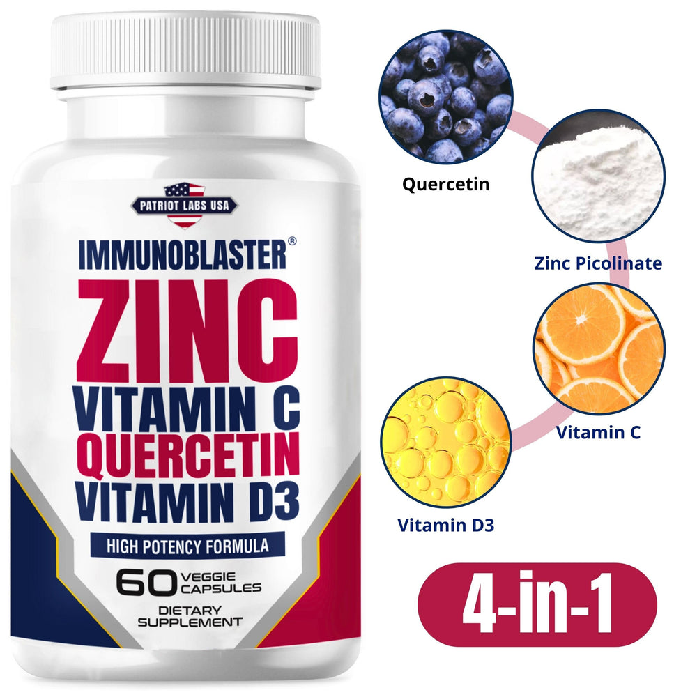 IMMUNO BLASTER zinc quercetin label packaging with ingredients and quality cues