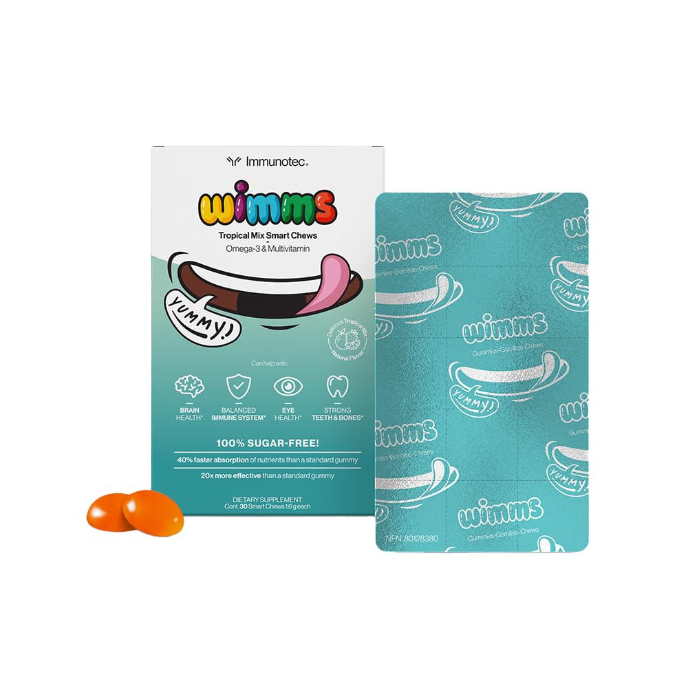 Immunocal Wimms Smart Chews bottle and box promote convenient daily nutrition for kids.