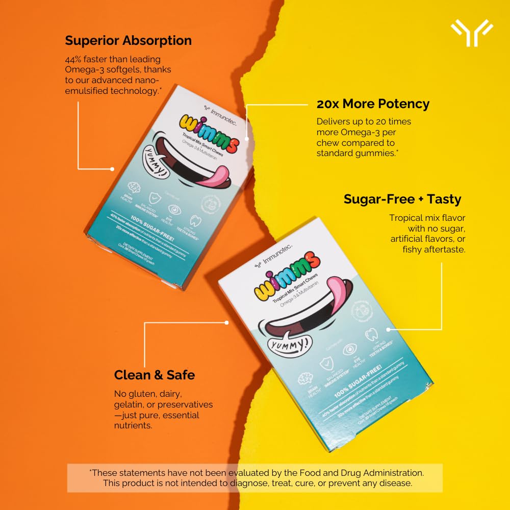 Immunocal Wimms Smart Chews omega-3 ingredients panel highlights DHA and EPA.