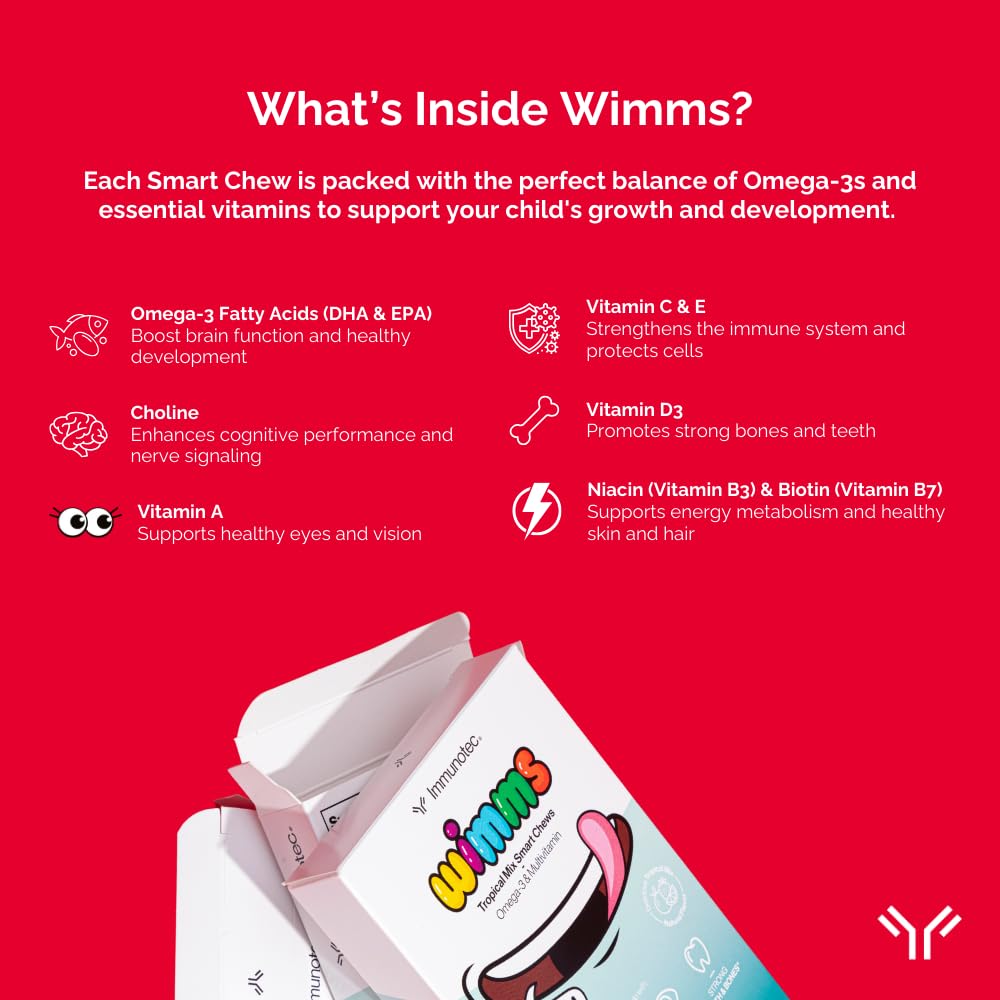 Immunocal Wimms Smart Chews nutrition panel supports balanced vitamins.
