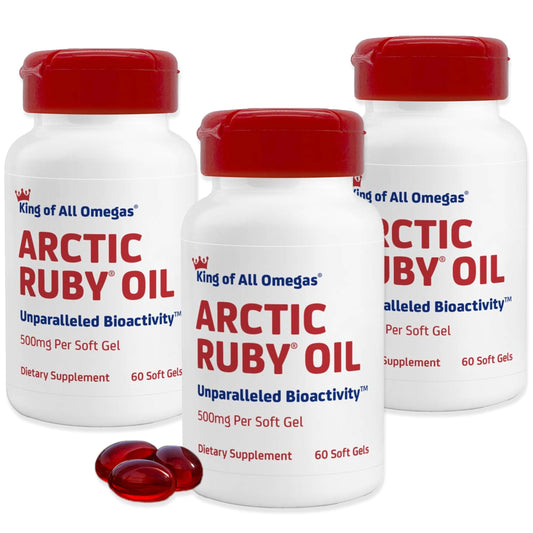 Immunocorp Arctic Ruby Oil bottle on table showing omega-3 rich nutrition