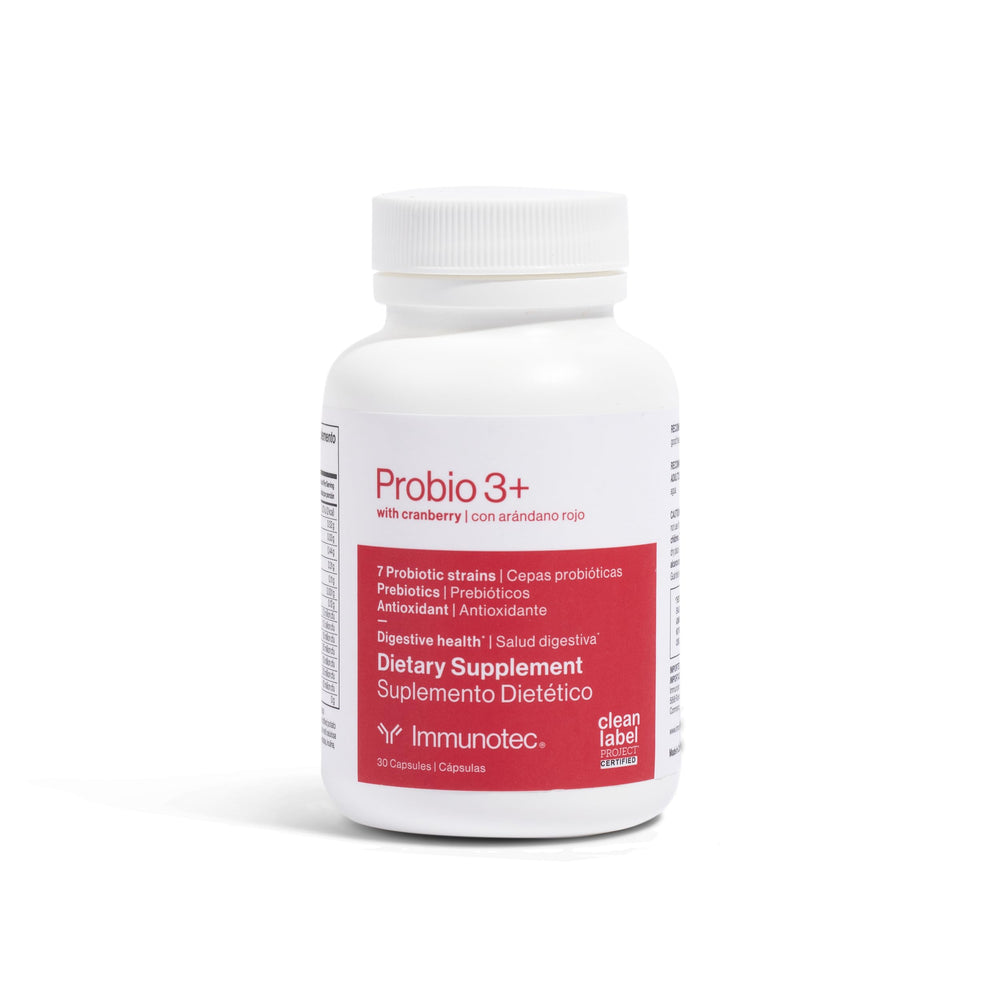 Immunotec PROBIO 3+ cranberry bottle supports digestive balance and daily wellness.