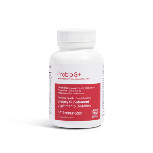Immunotec PROBIO 3+ cranberry bottle supports digestive balance and daily wellness.
