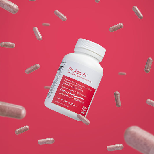 Immunotec PROBIO 3+ capsules closeup for easy daily probiotic intake.