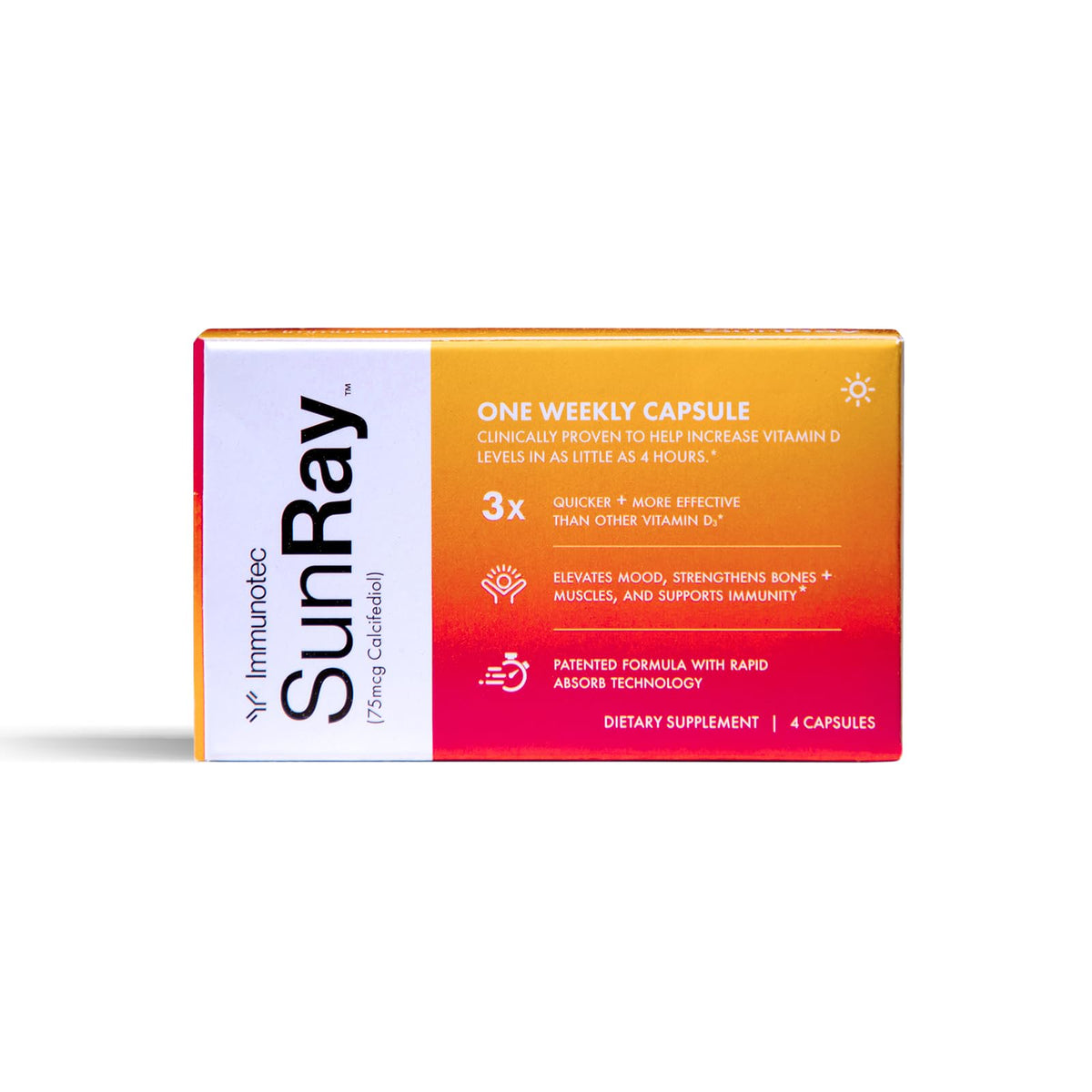 Immunotec Sunray bottle shows weekly vitamin D dose for fast absorption.