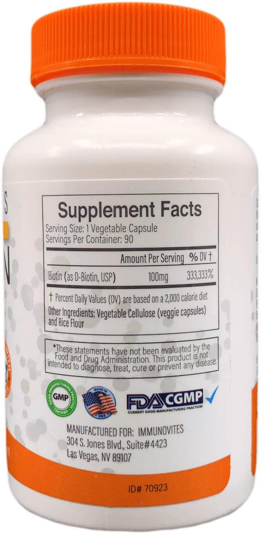 IMMUNOVITES High Dose Biotin capsule close-up highlighting 100 mg potency