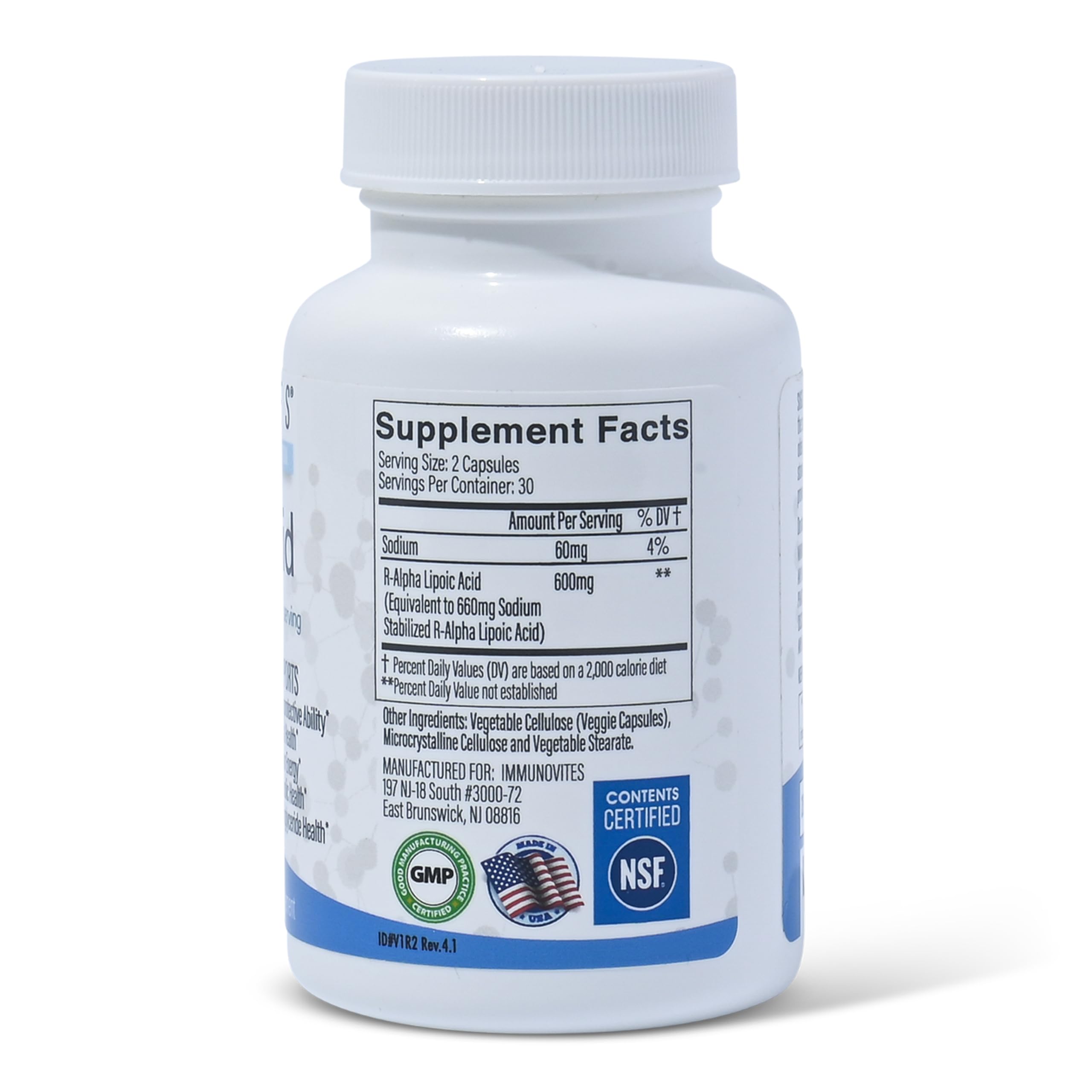 IMMUNOVITES stabilized R-ALA bottle pour showing easy dosing for busy mornings.