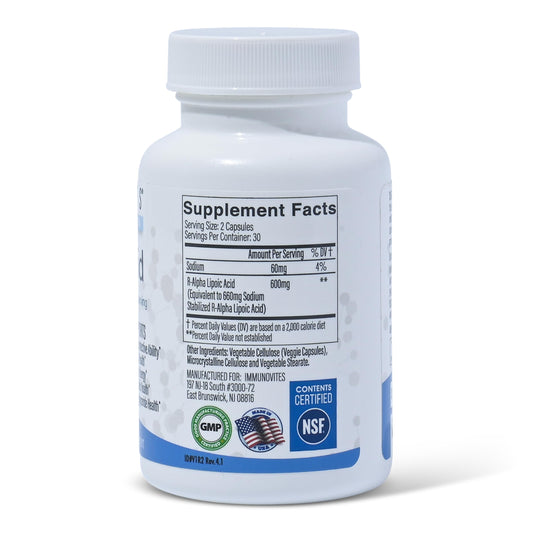 IMMUNOVITES stabilized R-ALA bottle pour showing easy dosing for busy mornings.