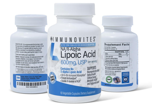 IMMUNOVITES stabilized R-ALA bottle highlights high potency formula for daily antioxidant support.