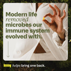 IMMY immune supplement packaging box shows natural, dairy-free formula.