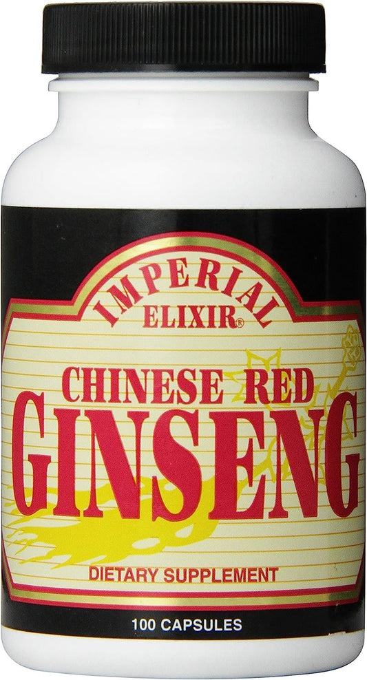 Imperial Elixir Ginseng Chinese Red capsules bottle shot for daily energy and focus.