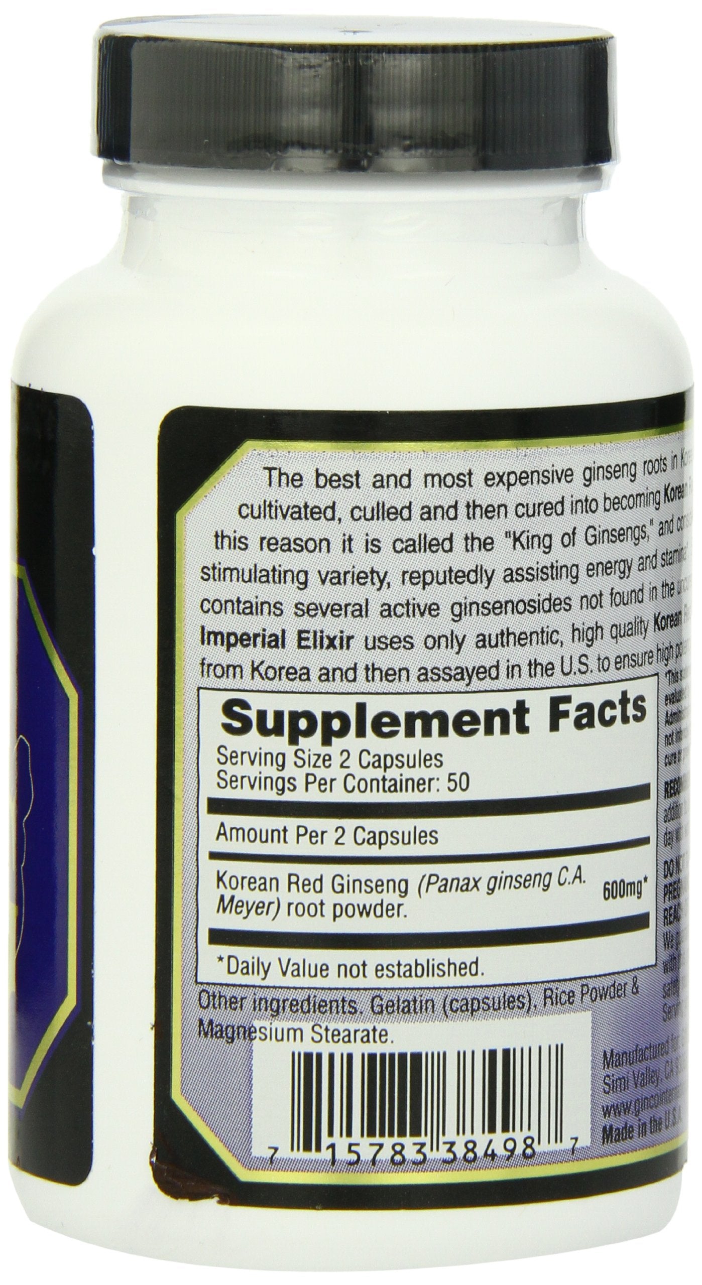 Imperial Elixir Korean Red Ginseng 600 mg bottle back label with usage directions