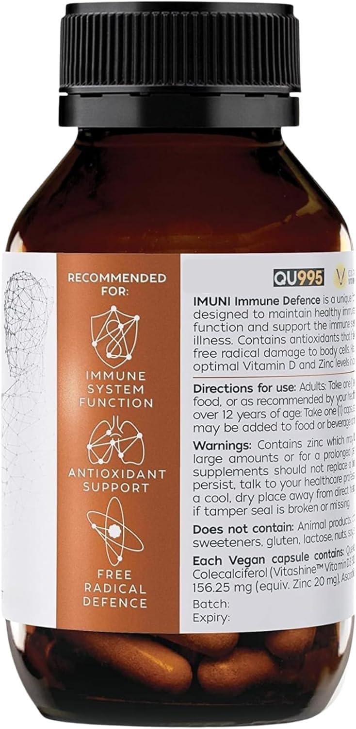 IMUNI Travel Defense capsules close-up, showcasing compact daily immune support for travel.