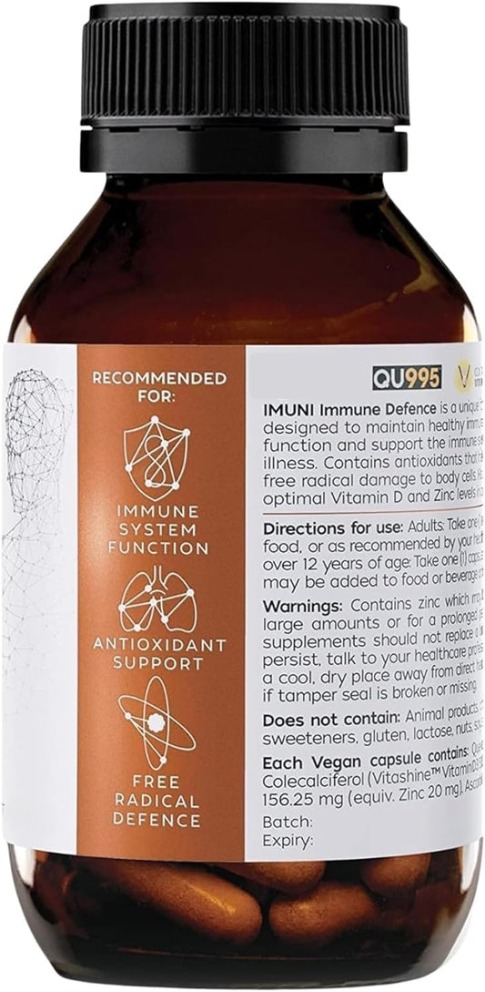 IMUNI Travel Defense capsules close-up, showcasing compact daily immune support for travel.