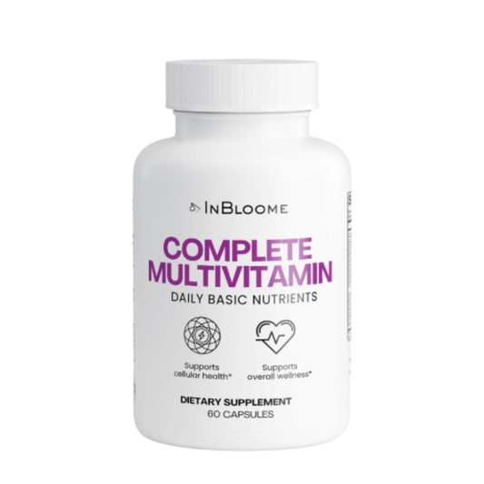 InBloome Women's Multivitamin bottle front view highlighting daily immune support.