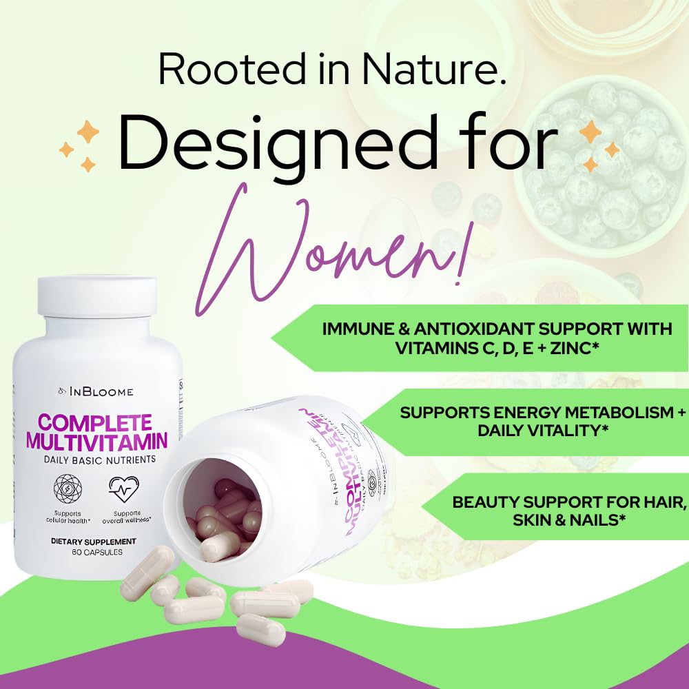 InBloome packaging with 60 capsules visible for daily use.