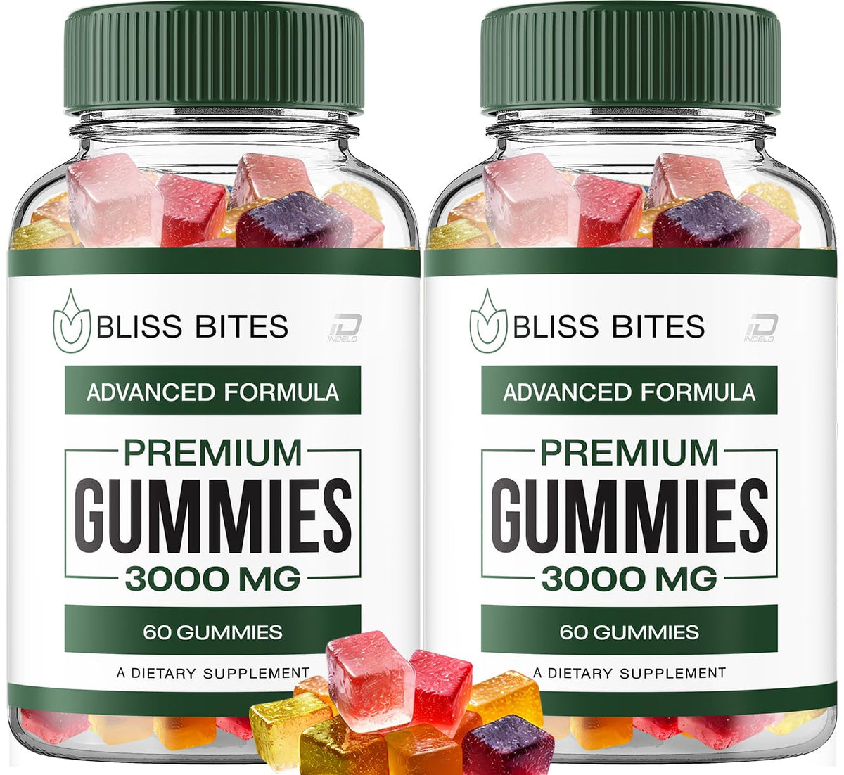 Indelo Bliss Bites gummies bottle supports daily wellness with natural ingredients.