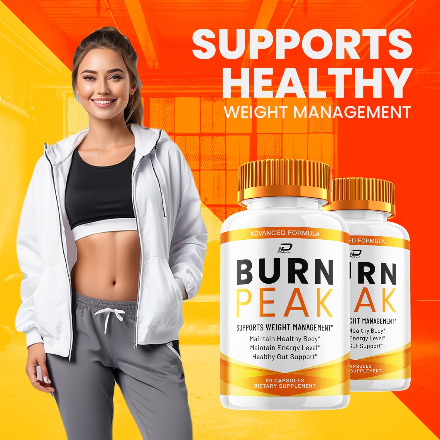 Indelo Burn Peak Advanced Formula bottle highlights 800 mg strength.